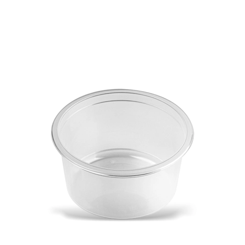Czarny pojemnik do zgrzewu MCS MISKA o pojemności 450 ml, wykonany z plastiku, transparentna. Produkt ma okrągły kształt z lekko wystającym brzegiem, ustawiony w pozycji stojącej, z widocznym gładkim wnętrzem. Idealny do pakowania żywności.