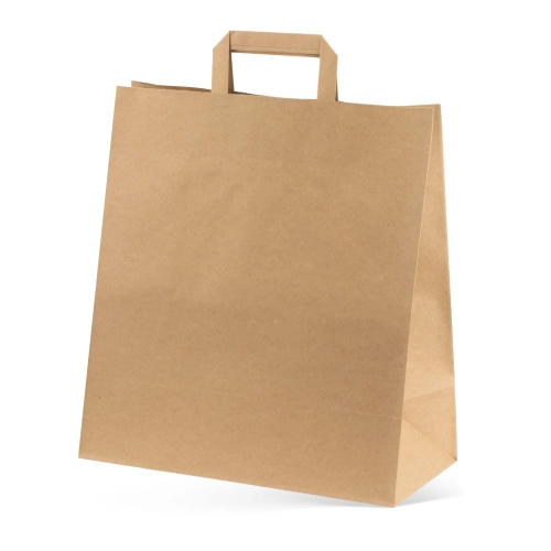 Torba papierowa z uchwytem w kolorze brązowym, o wymiarach 320x160x350 mm. Stoi w pozycji pionowej, z widocznym uchwytem do noszenia. Gładka tekstura, bez nadruków czy wzorów. Idealna do pakowania produktów.