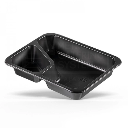 Czarny pojemnik do zgrzewu MCS CORNER o wymiarach 227x178x40 mm, z dwiema komorami. Ułożony w poziomie, z wyraźnymi krawędziami i gładką powierzchnią. Idealny do przechowywania żywności, z logo producenta widocznym na dnie.
