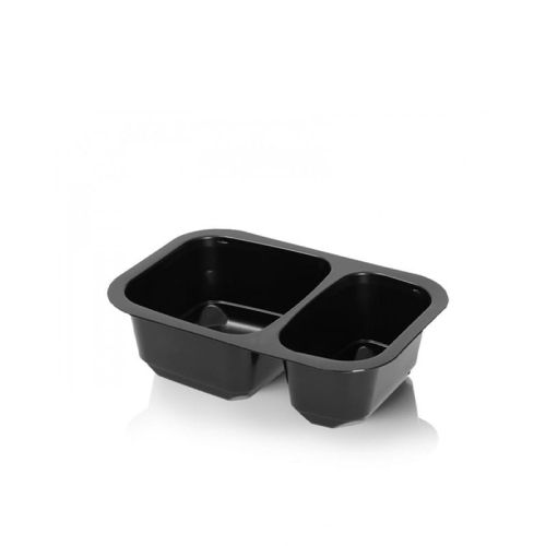 Czarny pojemnik do zgrzewu MCS z dwoma komorami, o wymiarach 161x110x47 mm. Produkt o prostokątnym kształcie, wykonany z tworzywa sztucznego, idealny do pakowania żywności. Widok z boku, pokazujący obie komory.