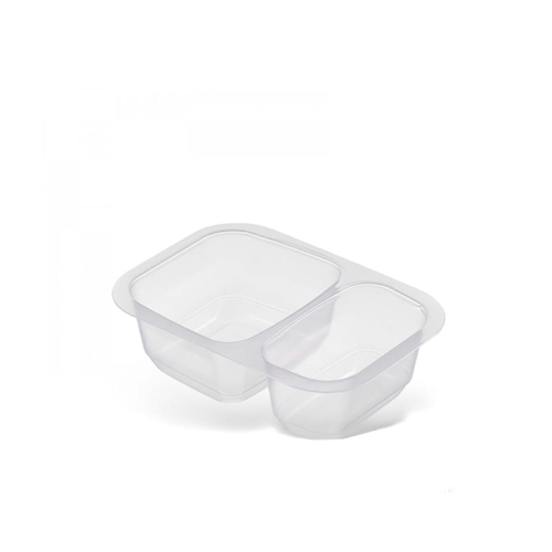 Pojemnik MCS transparentny z dwoma komorami, o wymiarach 161x110x47 mm. Wykonany z przezroczystego materiału, z wyraźnymi krawędziami i zaokrąglonymi rogami, leżący na jednolitym tle. Idealny do przechowywania żywności.