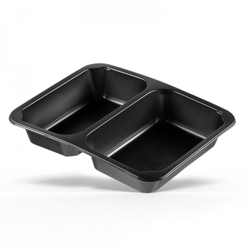 Czarny pojemnik do zgrzewu o wymiarach 227x178x40 mm, podzielony na dwie komory. Widok frontalny, produkt leżący na jednolitym tle. Przeznaczony do pakowania żywności, wykonany z plastiku, z wyraźnymi krawędziami i gładką powierzchnią.