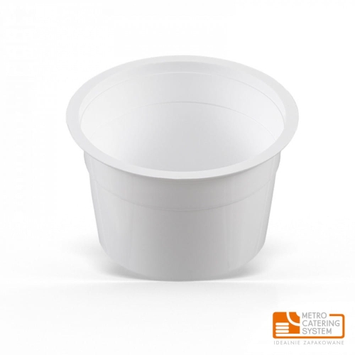 Biały pojemnik do zgrzewu STRONG Miska EcoLine o pojemności 500 ml, stojący, o gładkiej fakturze. Zestaw zawiera 450 sztuk. Idealny do przechowywania żywności.