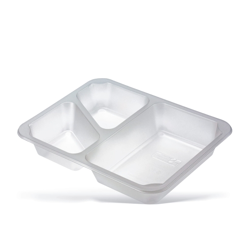 Pojemnik do zgrzewu DUAL CORNER METROOMILK o wymiarach 227x178x40 mm, wykonany z przezroczystego materiału, podzielony na trzy komory. Ułożony na lekko pochylonym tle, idealny do pakowania żywności. W opakowaniu 320 sztuk.