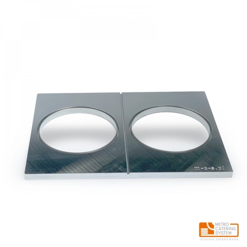 Matryca do zgrzewarek METROOPACK, wykonana ze stali nierdzewnej, z dwoma okrągłymi otworami o średnicy dostosowanej do misek 350-500 ml, leżąca płasko na białym tle. Widoczne logo i oznaczenia producenta.