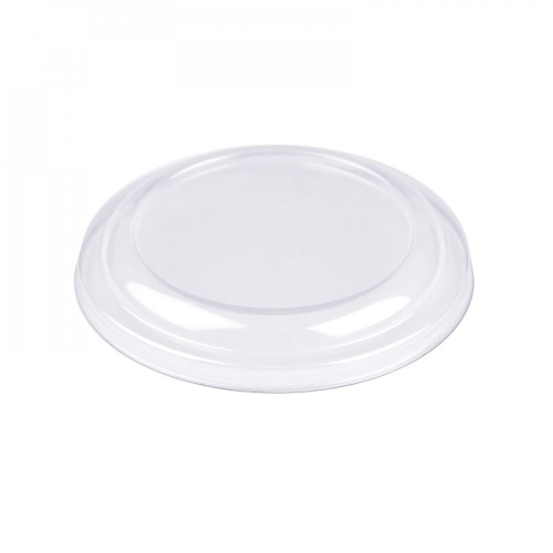 Wieczko płaskie bez otworów o średnicy 75 mm, wykonane z przezroczystego materiału PET. Ułożone poziomo, z gładką powierzchnią. Brak dodatkowych zdobień lub napisów, idealne do zamykania kubków.