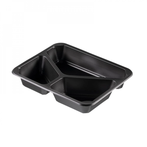 Czarny pojemnik do zgrzewu MCS o wymiarach 227x178x40 mm z trzema komorami. Ułożony poziomo, z widocznymi wyprofilowanymi przegródkami, idealny do pakowania żywności. W zestawie 320 sztuk, materiał plastikowy, matowa powierzchnia.