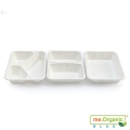 Opakowanie do zgrzewu me.Organic DIAMOND BLUE w kolorze białym, wykonane z pulpy i PP. Składa się z trzech pojemników: jeden z podziałką na cztery części, dwa prostokątne. Widoczne logo me.Organic BLUE w prawym dolnym rogu. Wymiary: 227x178x40 mm.